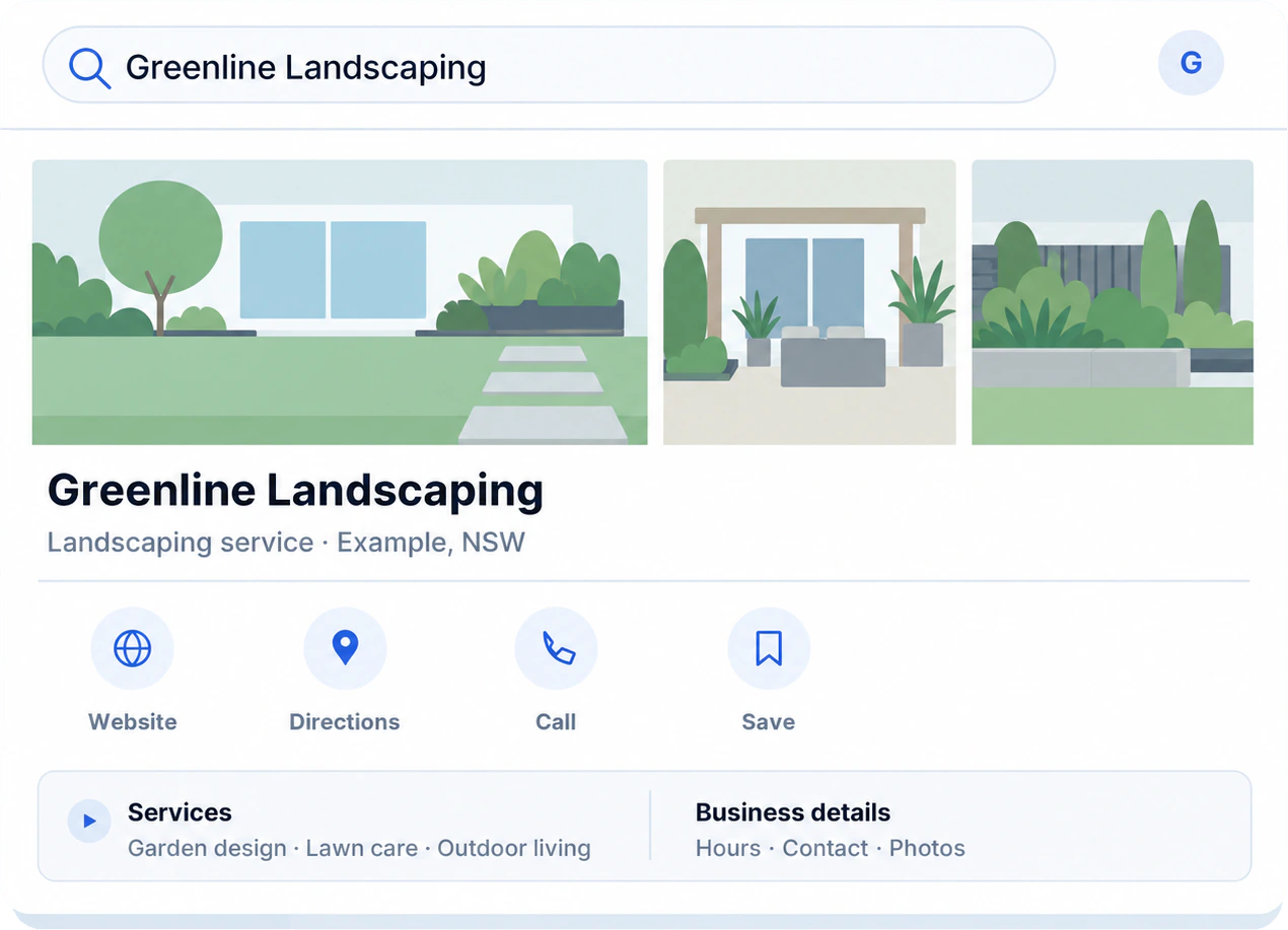 Google Business Profile illustration showing an example profile for Greenline Landscaping
