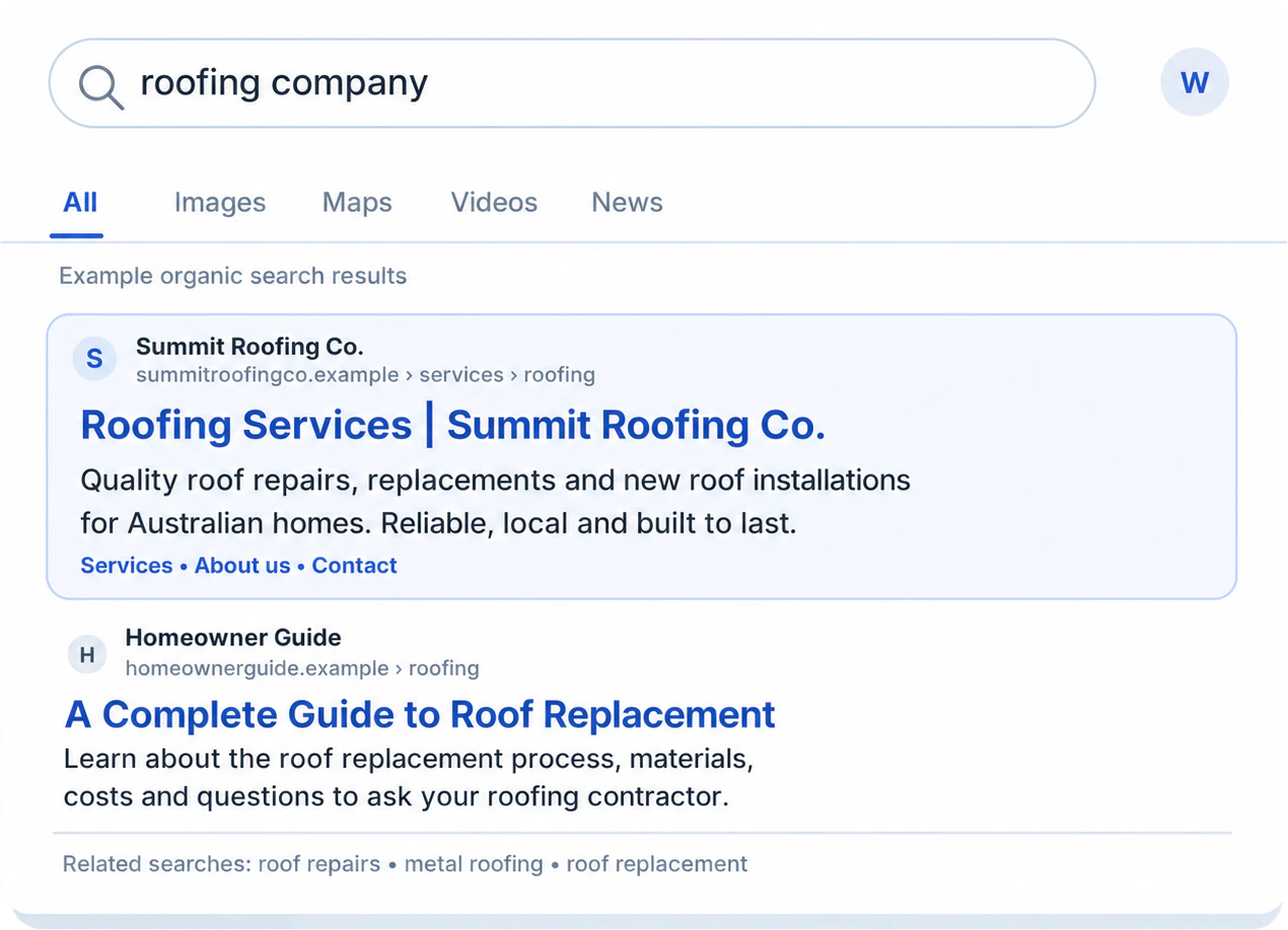 Organic Google search results illustration showing Summit Roofing Co. roofing company example